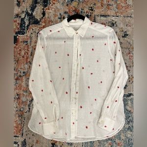 Strawberry embroidered Swiss dot button down shirt
